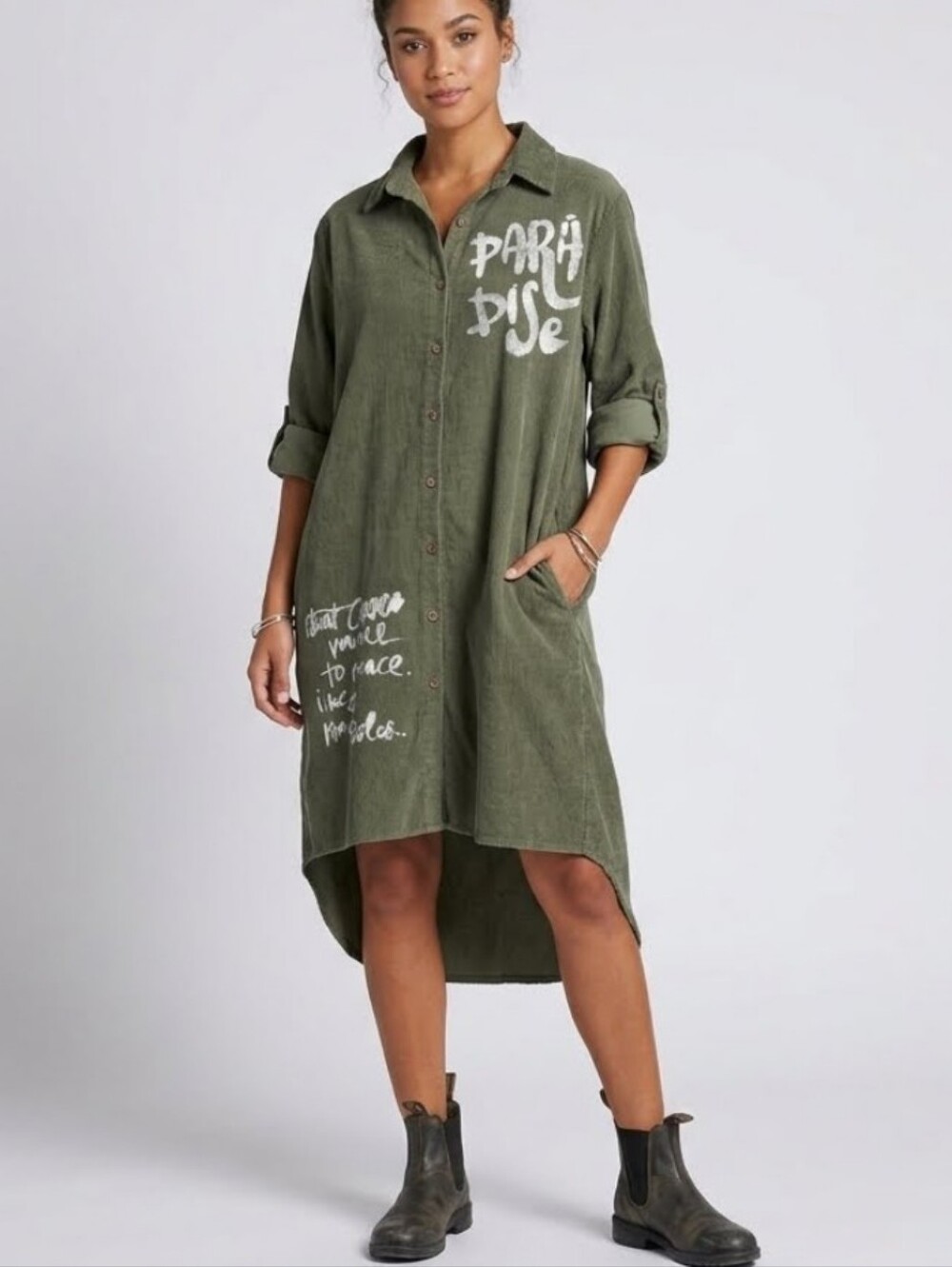 VASNA Corduroy Paradise Fall Festival Olive Green ButtonDown Highlow Shirt Dress